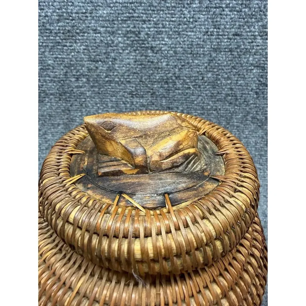 Vintage Rattan Wicker Lidded Jar Basket Made in Indonesia